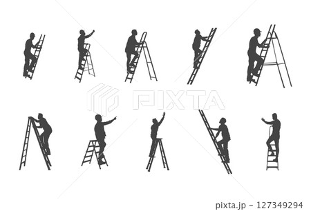 Man climbing ladder svg, People climbing ladder svg, Man climbing ladder silhouette, Man with ladder clipart. 127349294