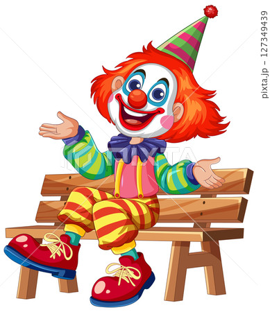 Cheerful Clown Sitting on a Wooden Bench 127349439
