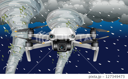 Drone Navigating Stormy Tornado Landscape Drone Navigating Stormy Tornado Landscape 127349473