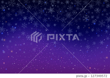 Magical winter night sky illustration with blue and purple background. Stars shine brightly snowflakes fall sparkling in cosmic space. Celestial universe glows with light creating fantasy atmosphere 127349572