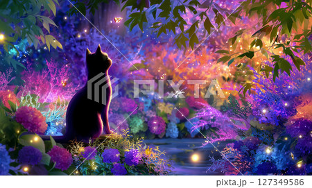 輝く森の中でたたずむ猫 127349586