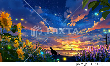 夏の夕暮れの猫 127349592