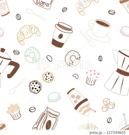 Seamless coffee shop pattern with colored outline elements 127349605