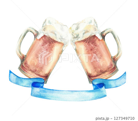 Two beer mugs toast clinking with foam and blue ribbon below. Realistic watercolor hand drawn cheers beer glasses isolated illustration. Clipart for Oktoberfest festival, brewing, festive packaging 127349710
