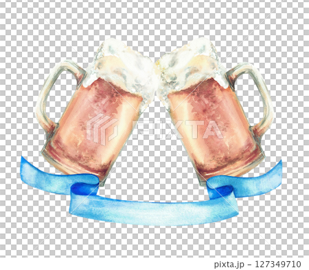 Two beer mugs toast clinking with foam and blue ribbon below. Realistic watercolor hand drawn cheers beer glasses isolated illustration. Clipart for Oktoberfest festival, brewing, festive packaging 127349710