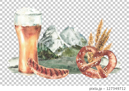 Glass of Beer with sausage and pretzel against the background of Bavarian Zugspitze. Alpine mountains landscape. Watercolor painted German landmark. Oktoberfest drink and snack isolated illustration 127349712