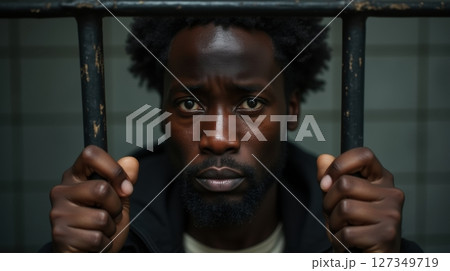 A black migrant is visibly distressed in a police station, standing behind bars with tears 127349719