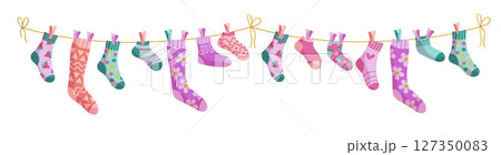 Clothesline socks. Socks on a rope, Baby socks with patterns vector cartoon. Clothesline socks. Socks on a rope, Baby socks with patterns vector cartoon. 127350083