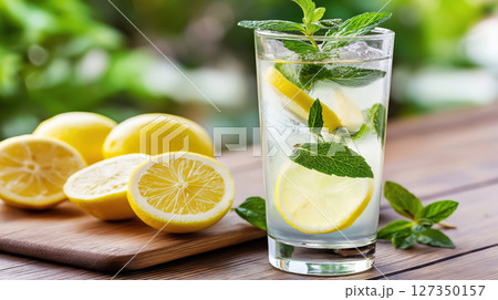 Glass of refreshing lemon water with ice and mint on wooden table with fresh lemons in background. Healthy summer drink. Natural and vibrant composition. 127350157