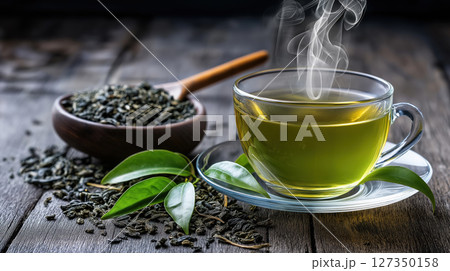 Steaming cup of green tea with tea leaves and fresh leaves on rustic wooden table. Warm and aromatic beverage. Natural and calming composition. 127350158