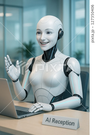 受付にて笑顔で接客、案内をする人工知能の女性AIロボット 127350406