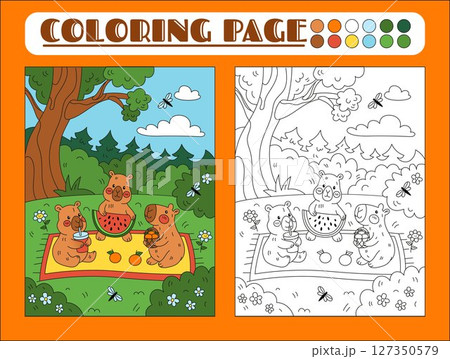 Capybara coloring book. Illustration for children s school worksheet. Drawing for baby. Cute character in kid puzzle. Forest animals. Color game with line coloration. Pets picnic. Vector tidy page 127350579