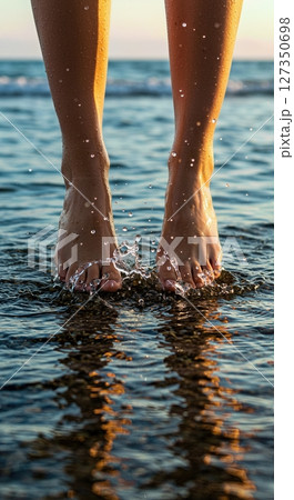 Bare Feet Touching Clear Turquoise Water in Summer Vacation Setting 127350698