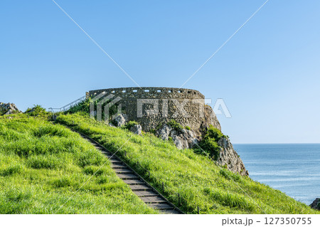 青森県八戸市　快晴の夏空と葦毛崎展望台 127350755