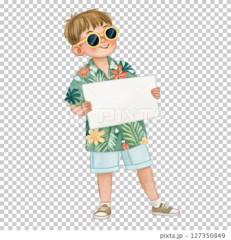 Child wearing Hawaiian costume  wearing glasses  standing holding a white sign blank 127350849