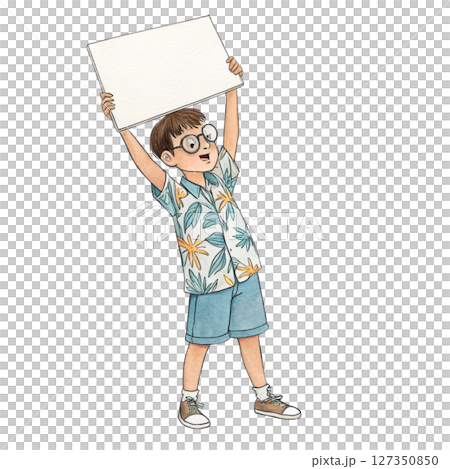 Child wearing Hawaiian costume  wearing glasses  standing holding a white sign blank 127350850