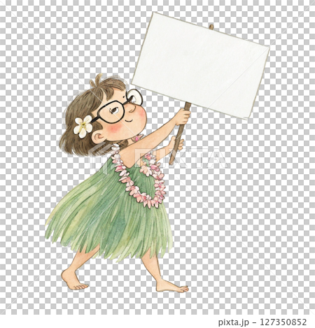 Child wearing Hawaiian costume  wearing glasses  standing holding a white sign blank 127350852