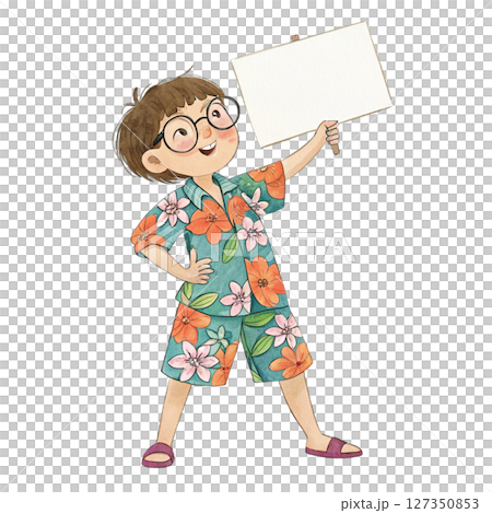 Child wearing Hawaiian costume  wearing glasses  standing holding a white sign blank 127350853