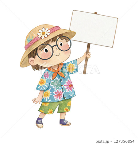 Child wearing Hawaiian costume  wearing glasses  standing holding a white sign blank 127350854