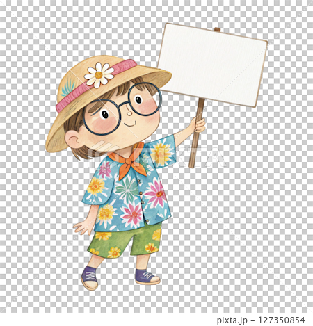Child wearing Hawaiian costume  wearing glasses  standing holding a white sign blank 127350854