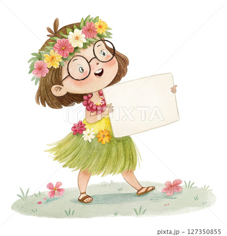 Child wearing Hawaiian costume  wearing glasses  standing holding a white sign blank 127350855