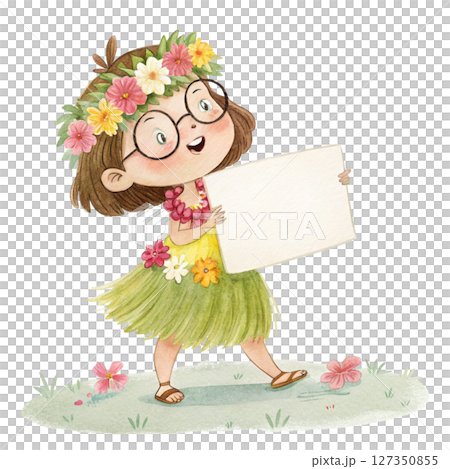 Child wearing Hawaiian costume  wearing glasses  standing holding a white sign blank 127350855