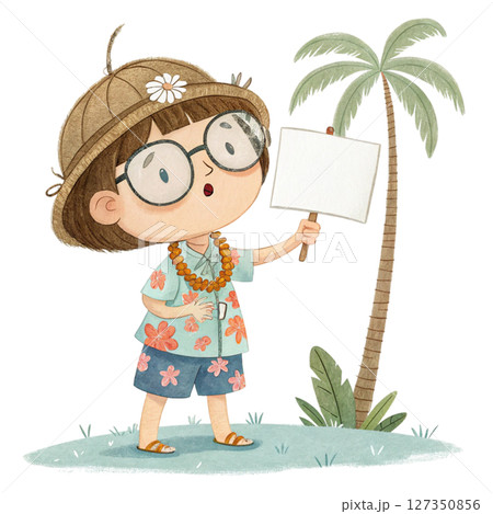 Child wearing Hawaiian costume  wearing glasses  standing holding a white sign blank 127350856