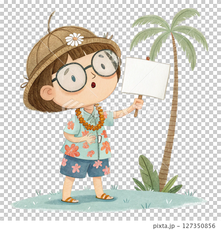 Child wearing Hawaiian costume  wearing glasses  standing holding a white sign blank 127350856