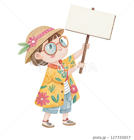 Child wearing Hawaiian costume  wearing glasses  standing holding a white sign blank 127350857