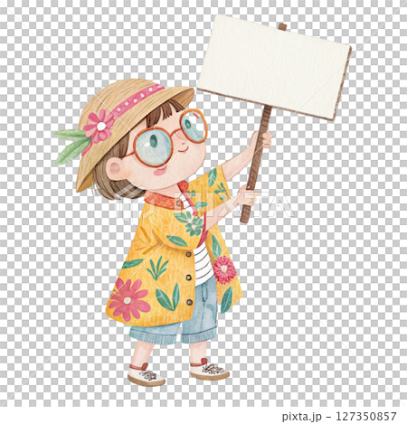 Child wearing Hawaiian costume  wearing glasses  standing holding a white sign blank 127350857