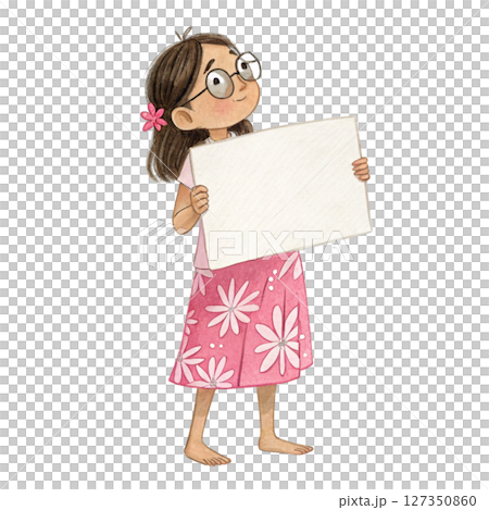 Child wearing Hawaiian costume  wearing glasses  standing holding a white sign blank 127350860