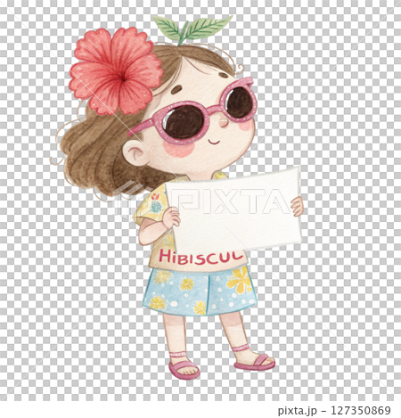 Child wearing Hawaiian costume  wearing glasses  standing holding a white sign blank 127350869