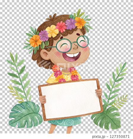 Child wearing Hawaiian costume wearing glasses standing holding a white sign blank Child wearing Hawaiian costume wearing glasses standing holding a white sign blank 127350871