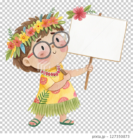Child wearing Hawaiian costume  wearing glasses  standing holding a white sign blank 127350873
