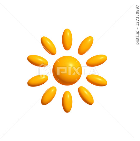 Glossy sun icon with oval rays in vibrant 3D style. Radiant summer symbol for weather interface, kid apps, energy branding. Vector illustration 127350897