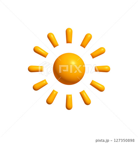 Glossy sun icon with rounded rays in 3D style. Bright weather symbol for app interface, summer design, energy branding. Vector illustration 127350898