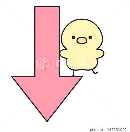 下向きの矢印と可愛いひよこのイラスト 下向きの矢印と可愛いひよこのイラスト 127351092