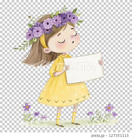 Cute girl wearing a flower crown standing holding a white wooden sign Blank 127351113