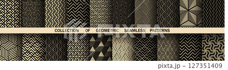 Geometric set of seamless black and golden patterns. Simple vector graphics Geometric set of seamless black and golden patterns. Simple vector graphics 127351409