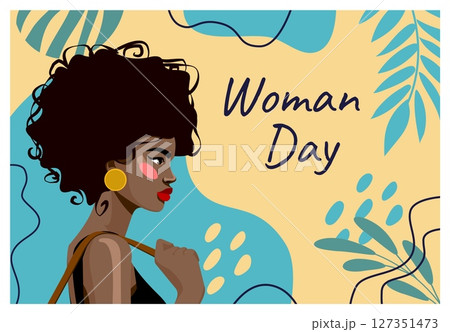 International women day. Happy young girl. Tropical palm leaves. African female. Feminine beautiful portrait. Holiday banner. Attractive face. Abstract botanical shapes. Vector creative greeting card International women day. Happy young girl. Tropical palm leaves. African female. Feminine beautiful portrait. Holiday banner. Attractive face. Abstract botanical shapes. Vector creative greeting card 127351473