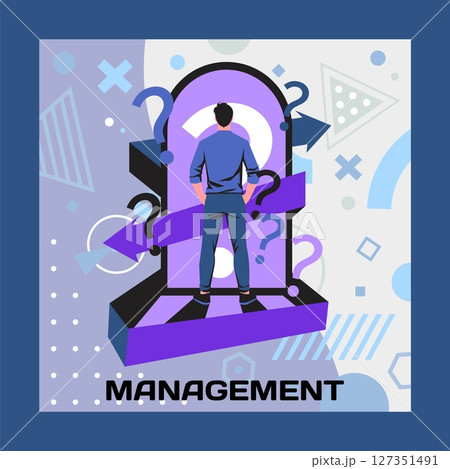 Decision staff. Choice dilemma. Businessman finding way. Confused man asking questions. Door to unknown. Paths option selection. Goals choose. Business management. Direction arrows. Vector concept 127351491