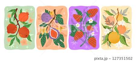 Fruit harvest. Vintage design. Pomegranate branch, fig tree, strawberry plant, orange with leaves. Retro food, botanical trendy design, berry season background. Vector summer poster, cute illustration 127351502