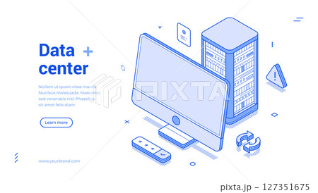 Isometric line banner showcasing advanced data center technology and modern computing solutions 127351675
