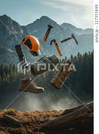 Outdoor Gear and Camping Equipment Floating Above Summer Nature Scene for Adventure Mockup and Branding 127351699