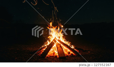 Glowing Campfire at Night in the Wilderness Under Starry Sky 127352167