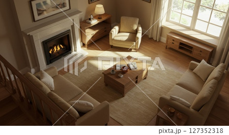 Cozy Living Room Interior with Fireplace and Natural Light Cozy Living Room Interior with Fireplace and Natural Light 127352318