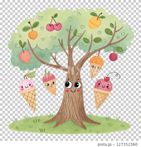 Summer Tree kawaii clipart watercolor  127352360
