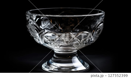 Elegant Crystal Dessert Bowl with Intricate Cut Design on Black Background Elegant Crystal Dessert Bowl with Intricate Cut Design on Black Background 127352399