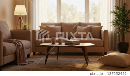 Cozy Living Room Interior with Warm Lighting and Minimalist Decor Cozy Living Room Interior with Warm Lighting and Minimalist Decor 127352421