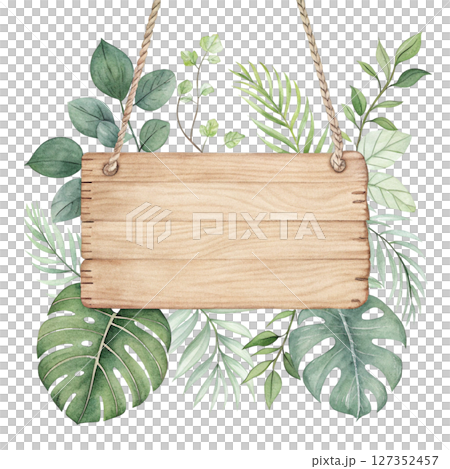 Wooden frame summer tree clipart watercolor Wooden frame summer tree clipart watercolor 127352457